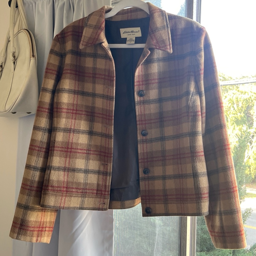 Eddie Bauer Tan and Red Plaid jacket with buttons